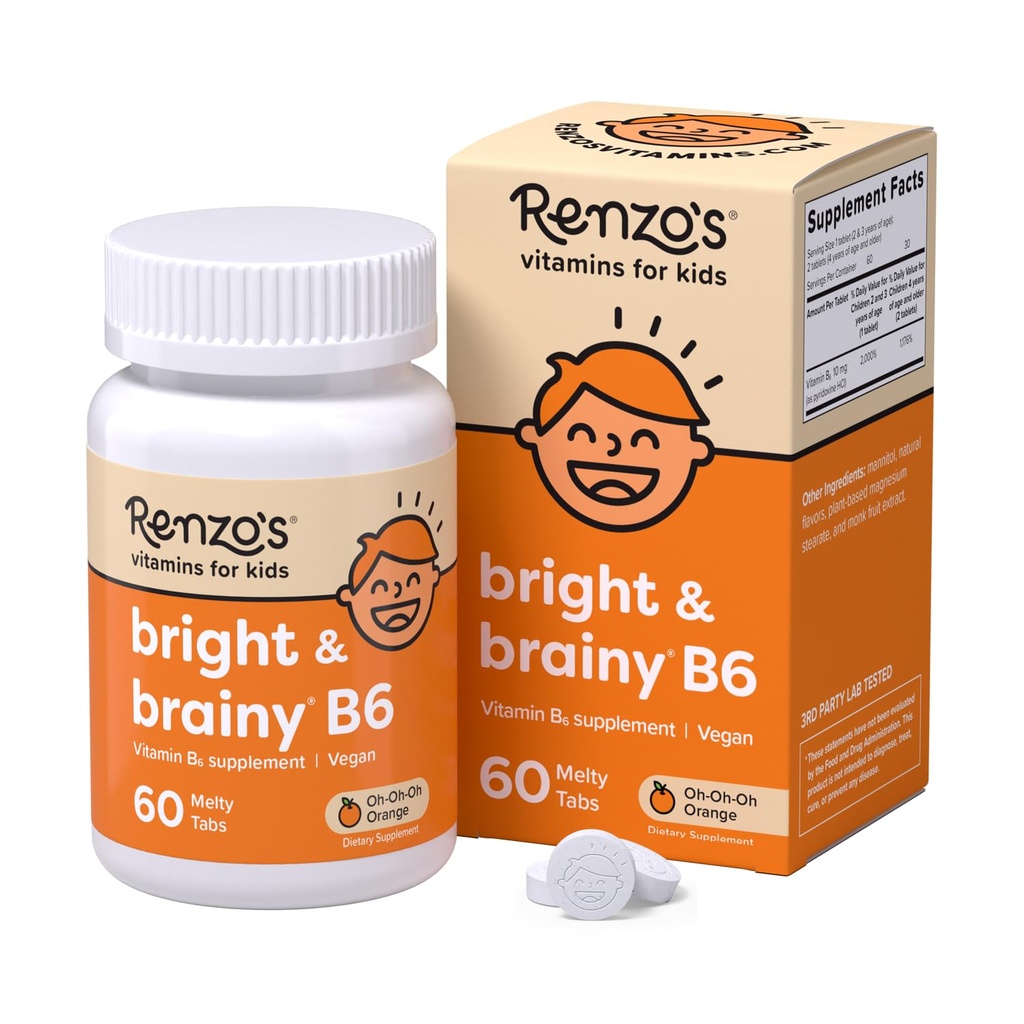 Renzo 's Bright & Brainy Vitamin B6, Rozpouští děti Vitamin B6, 60 Sugar- Free Melty Tabs, Oh Oh Oh Orange ochucené