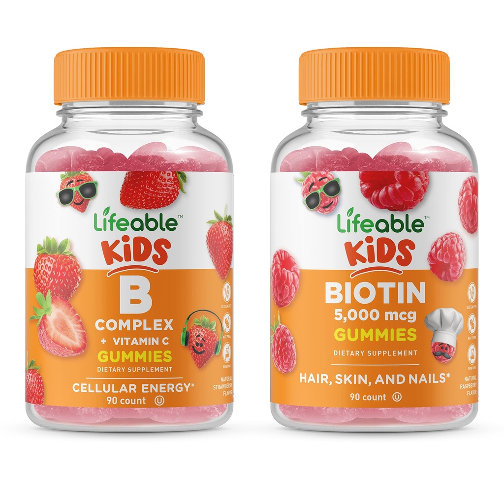Lifeable B Complex Kids + Biotin Kids, Gummies Bundle - Velký přípitek, dodatek k vitamínu, gluten zdarma, GMO zdarma, Žvýkací žlab