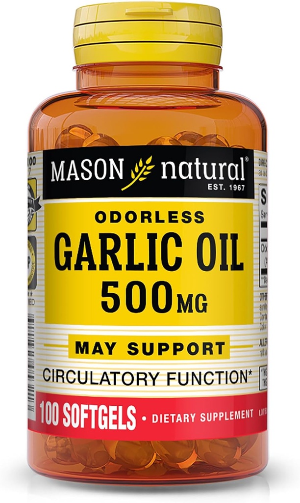 MASON NATURAL Česnek Oil 500 mg Odorless Allium Sativum Dodatek - Podporuje zdravé oběhové funkce, 100 Softgels