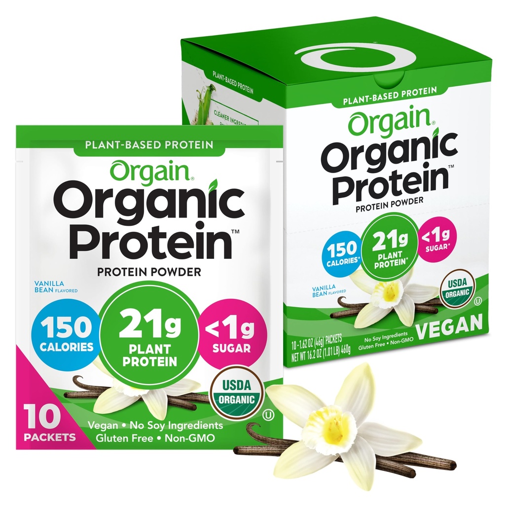 Orgain Organic Vegan Protein Powder, Vanilla Bean - 21g Plant Protein, 5g Prebiotický Vlákno, Nízký karb, Žádné přísady laktózy, No Add Sugar, Non- GMO, Pro Shakes & Smoothies, 10 Cestovní balení