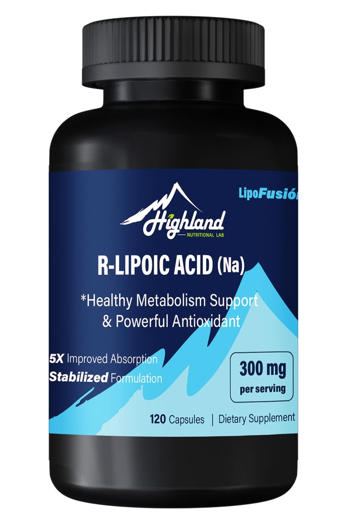 R Kyselina lipoová (Na) 300mg na servírování, 120 kapslí, až 5X lepší absorpce, Výborný Nutriční dodatek pro zdravou metabolickou podporu a Antioxidants-1 lahvička