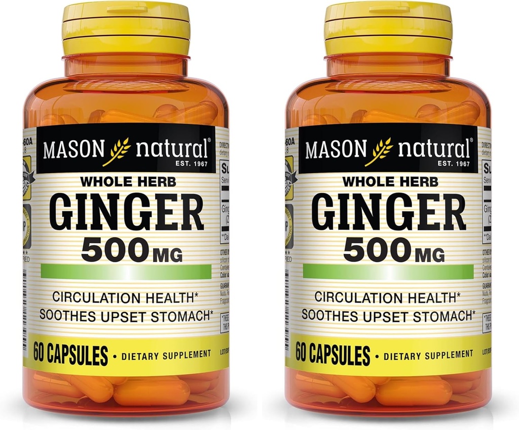 MASON NATURAL celý Herb Ginger 500 mg, přírodní bylinný dodatek, 60 tobolek (balení po 2)