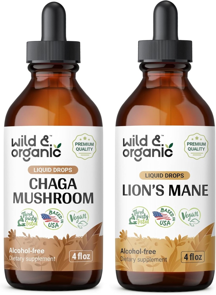 Wild & Organic Chaga Houba Tinktura 4 fl oz & Lví hříva Tinktura 4 fl oz