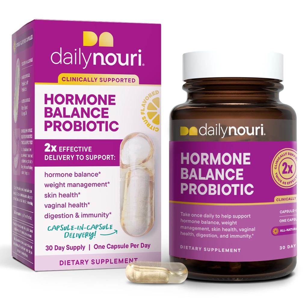Denní Nouri Hormon Balance Probiotika pro ženy 124; Podporuje zdravé estrogen, PMS, PCOS, Perimenopauza, Vaginální pH, kvasinky, Gut zdraví, kůže & imunita 124; 7 Strains + Vegan Omega Oil 124; 30- Day Supply