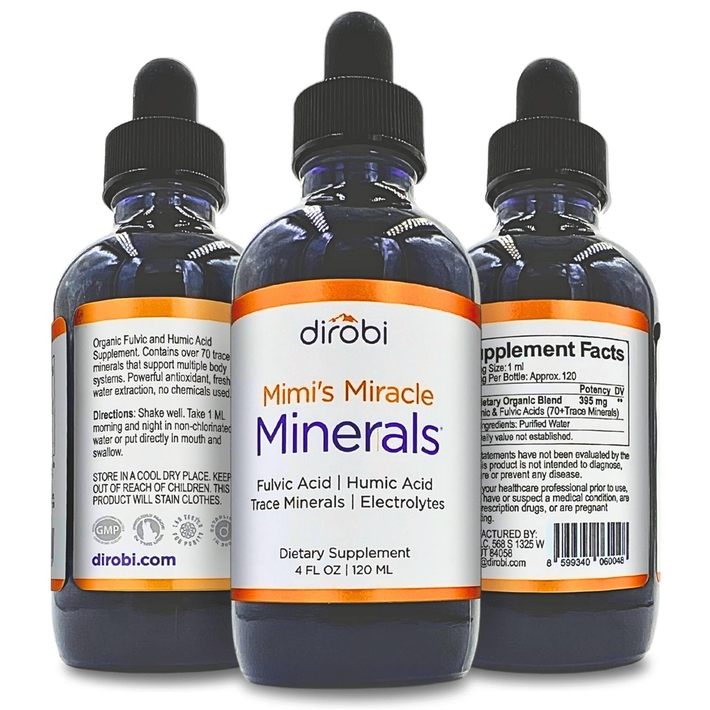 Dirobi Mimi 's Miracle Minerals Fulvic Acid Humic Acid - Mineral Blend Drops Dodatek, Liquid Trace Minerals 70 Ionic Minerals - Organic Plant Derived (4 oz 120 Day Supply)...