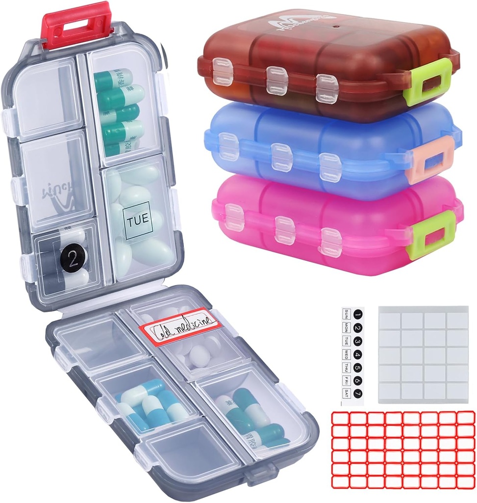 4PS Travel Pill Pořadatel s 164 štítky Slice CLAS10 Kompartments Travel Pill Box Přenosný skládací malý Pill Pouzdro Denní Pill Kontejner použitý pro Nošení Storage Medicine Organizátor M MUchengbao