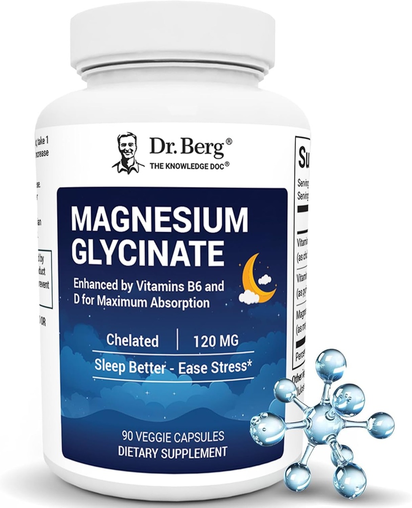 Dr. Berg Magnesium Glycinát s vitaminem D & B6 pro úlevu od stresu, klid, relaxaci a dobrý spánek * - 120 mg Magnesium Bisglycinát Kapsle - High Absorption Chelated Glycinát - 90 Cap