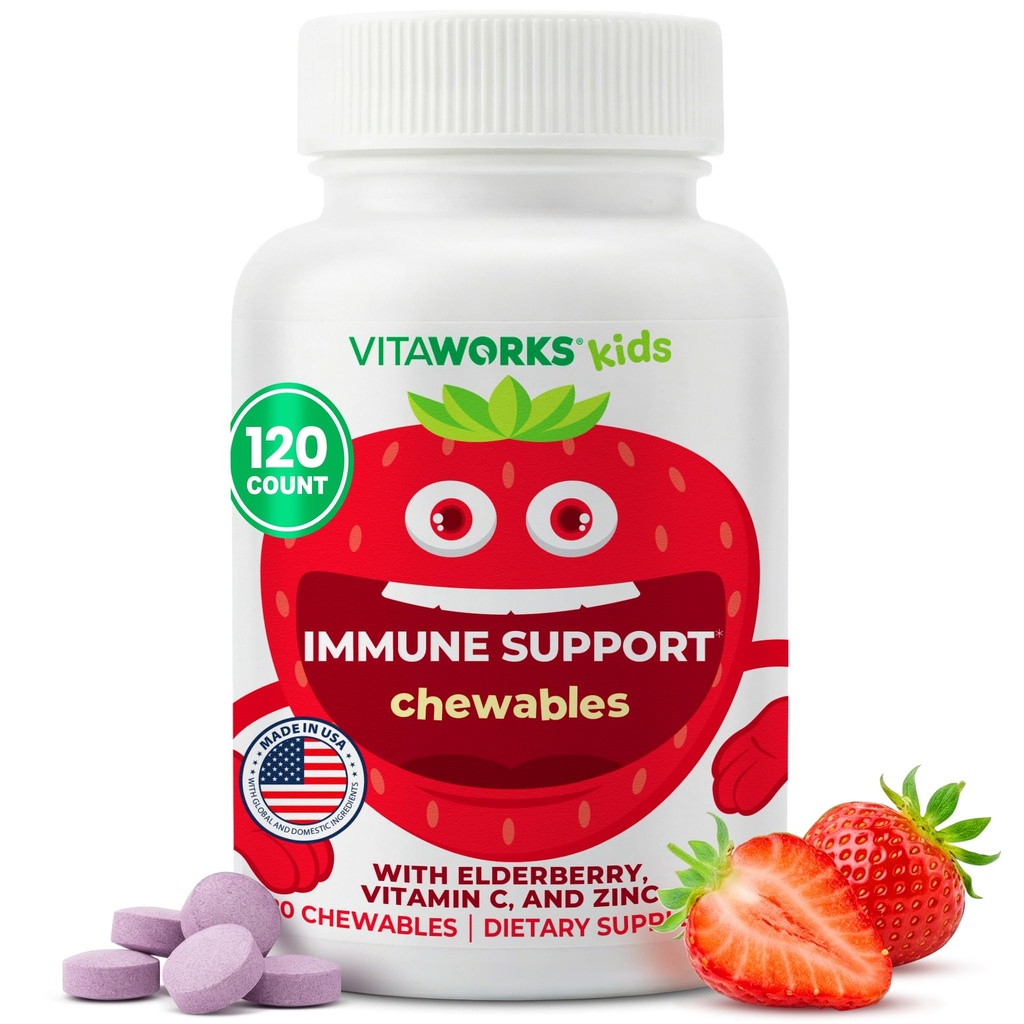 Kids Elderberry With Zinc and Vitamin C - Immune Support Supplement Chewable Tablets - Tasty Natural Mixed Berry Flavor - Vegan, Vegetarian, Gluten Free, Non-GMO, for Children, 120 Chewables
