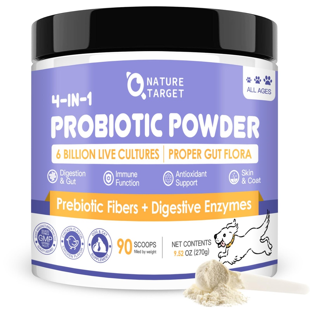 NATURE TARGET Probiotika pro psy - Psí Probiotika, Plus Prebiotika, Stravovací Enzymy, Vlákna, Podpora Gut, imunitní zdraví, 6 miliard CFU Psí Probiotický prášek, Relieve Diarhea, Loose Stool, 90 Scoops