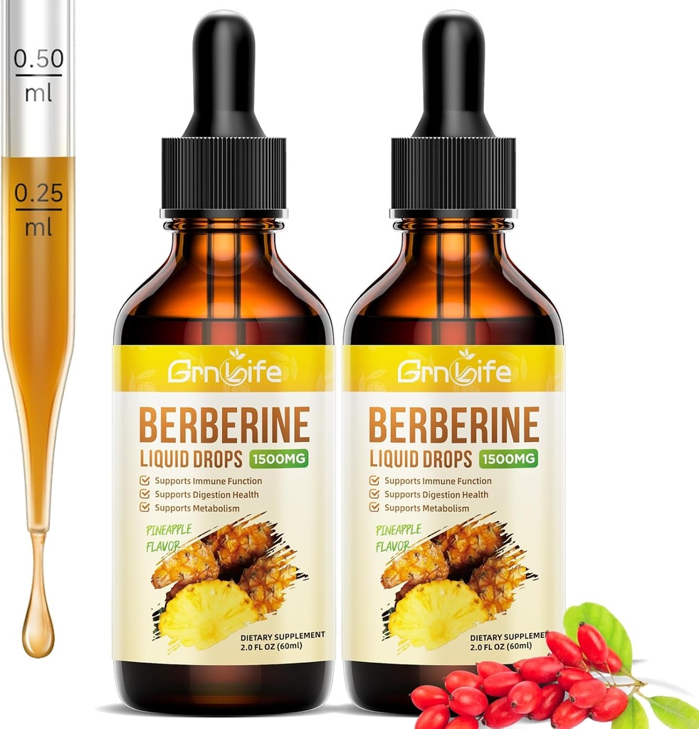 (2 Pack) Dodatek Berberine, 1500mg Organic Berberine Liquid Drops with Ceylon Cinnamon, Bitter Melon - Podporuje imunitu a metabolismus, Vegan, Ananas Flavor-2 FL Oz