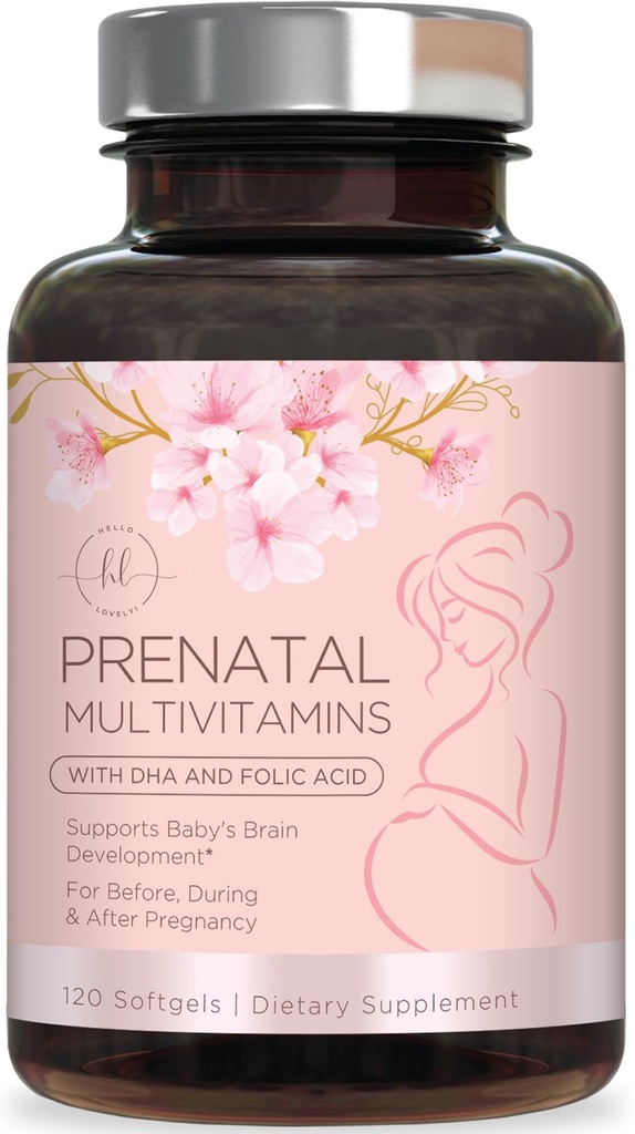 Prenatální vitaminy pro ženy s kyselinou listovou & DHA, Podpora rozvoje plodu s folátem & Omega 3 je, Multivitamin s vitaminem A, C, D, B6, B12 & železo, dodatek k těhotenství - 120