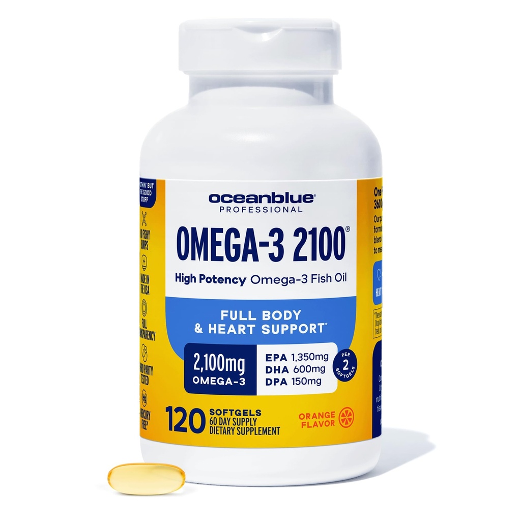 Oceanblue Professional Omega 3 2100-120 ct - High potency Triple Strength Burless Fish Oil with EPA, DHA & DPA - Wild Caught - Natural Orange Flavor, 60 Servings