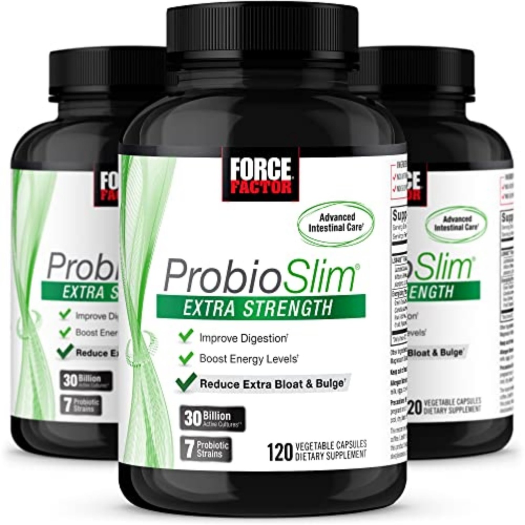 Force faktor ProbioSlim Extra Strength Probiotický doplněk pro ženy a muže s 30 bilionů CFU a zelený čaj Extract pro Gut podporu zdraví, nadýmání a úlevu od plynu, 120 Počet (balení 3)