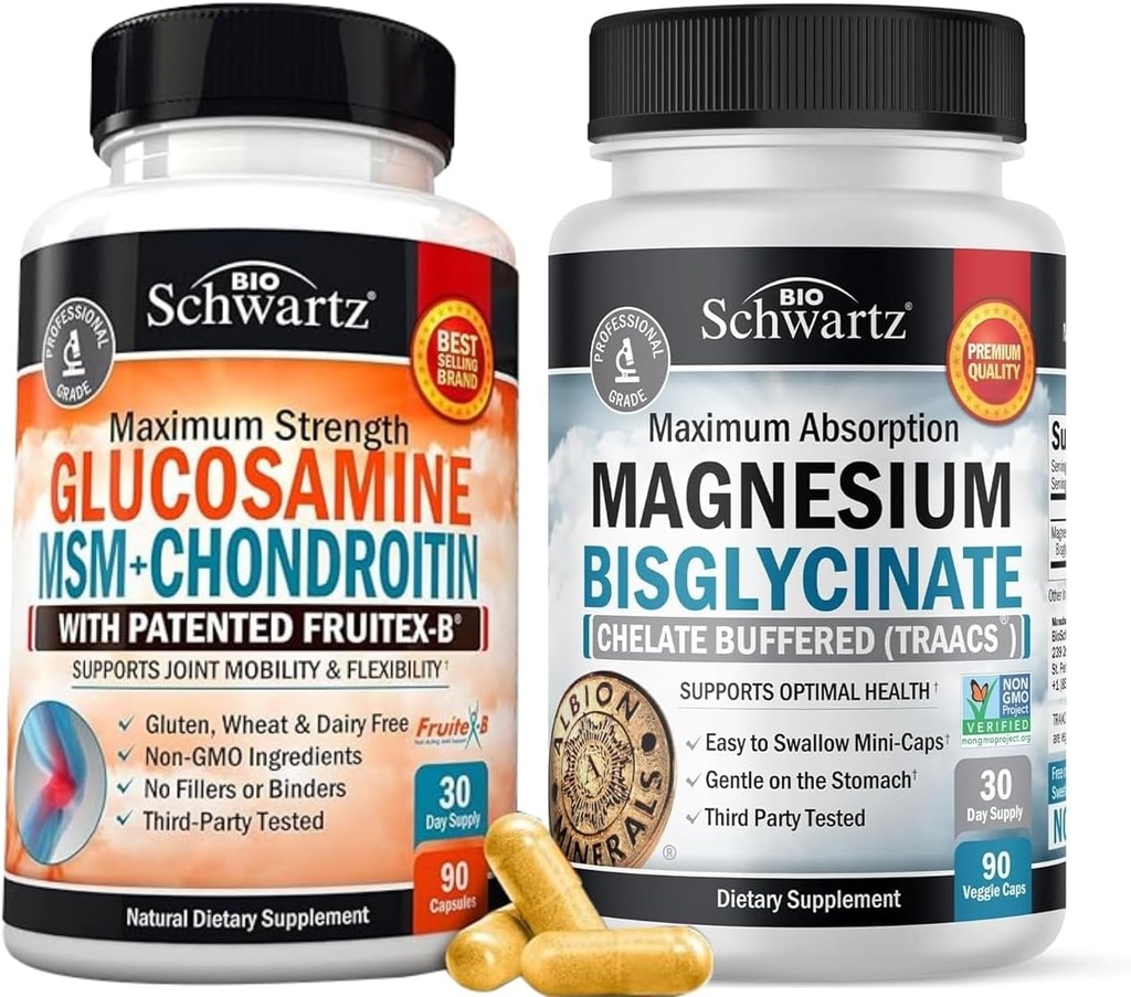 Vysoká absorpce Magnesium Bisglycinát Kapsle (1 měsíční zásoba) Plus Glucosamine Chondroitin MSM Triple Strength Joint Supplement (1 měsíční dodávka)
