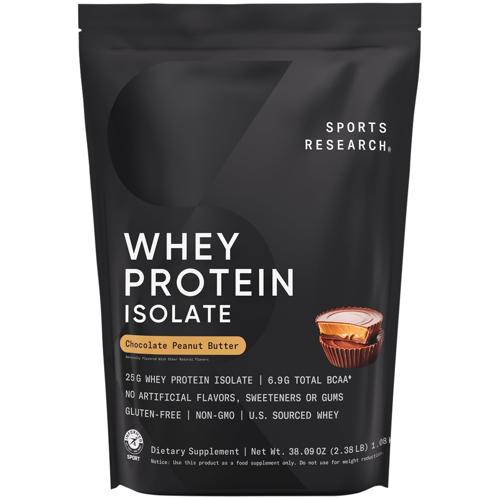 Sports Research® 100% Whey Protein Isolate Chocolate Peanut Butter - U.S. Sourced Protein Powder w/BCAAs -No Artificial Flavors or Gums- Informed Sport Tested · Gluten Free- 2lb Bulk Bag, 25 Servings