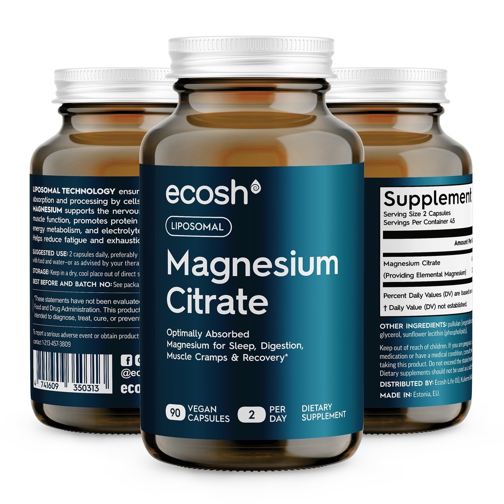 Lipozomální magnesium Citrát Kapsle - Vysoká absorpce Magnesium dodatek pro zácpu, spánek, svalové křeče a recovery 124; vysoká potence Mg CZ124; Snadné polykání Veg Kapsle 124; Non- GMO CZ124; 90 ct