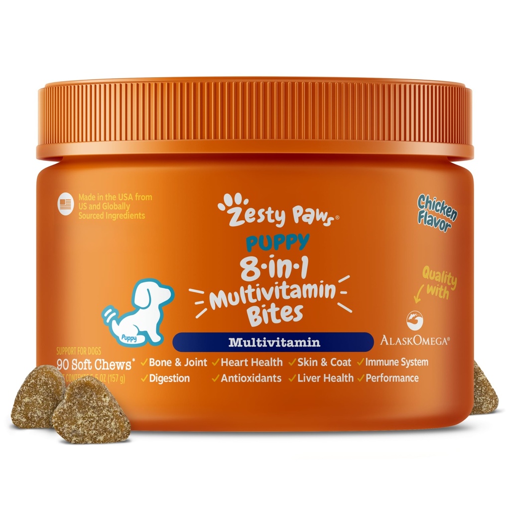 Zesty Paws Dog Multivitamin, Žvýkací psí vitamíny a doplňky pro Hip & Joints, kůže & Coat, Omega 3 Rybí olej pro Dogs- Puppy Multivitamin - Kuřecí štěně Bites- 90ct