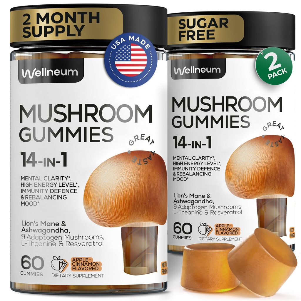 Houbové žampiony 5000 Mg 120 Pcs (2 Pack) - Lví hříva a 9 Adaptogenní houby Blend - Ashwagandha, L-Theanine - Houbové žampiony pro energii, imunita, Focus, Brain Boost - No Sugar and GMO