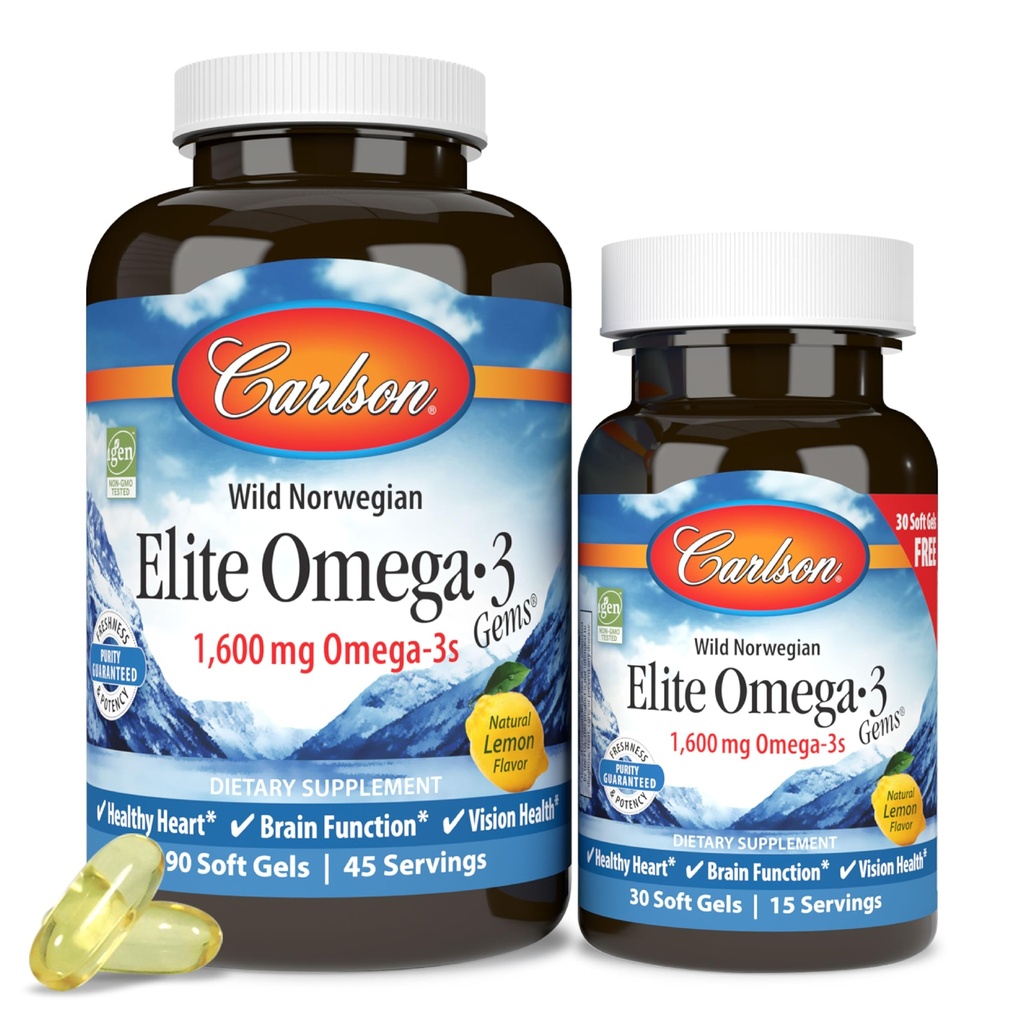 Carlson Labs Elite Omega-3, 1600 mg, Gems Fish Oil Soft Gels, Natural Lemon Flavor, 2 balení (120 Počet každý)