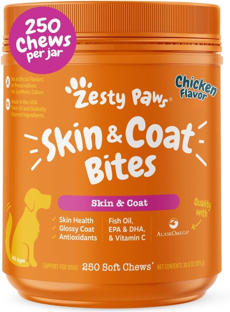 Zesty Paws Omega 3 Rybí olej pro psy - Zesty Paw Dog Vitamíny a doplňky pro Hip, Joint & Skin, Chicken (250 Chews)