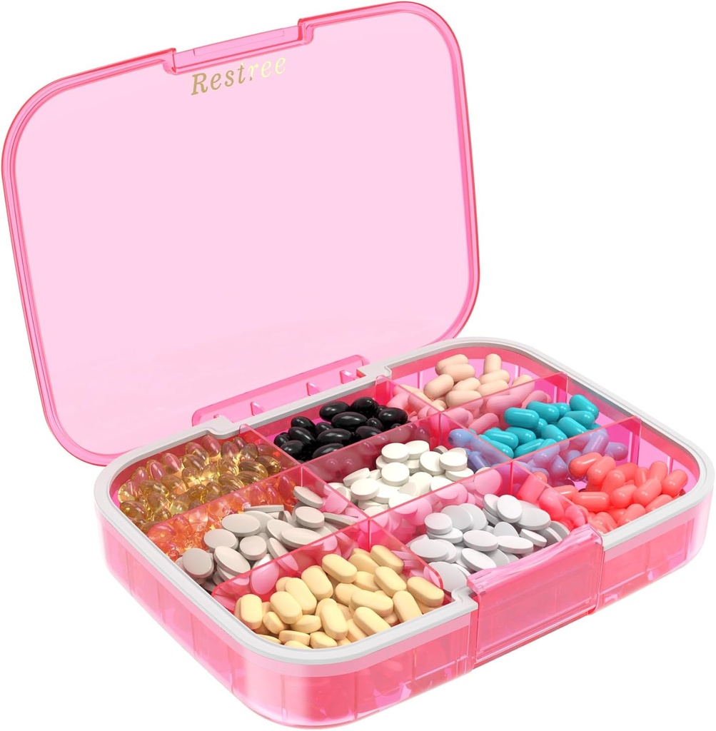 Restree Large Pill Organizátor, Moisture Proof & Waterproof Travel Pill Pouzdro, Přenosné medikace Box s nastavitelnými děliče pro vitaminy doplňky Rybí olej a denní pilulky 9 Compartments (růžová)
