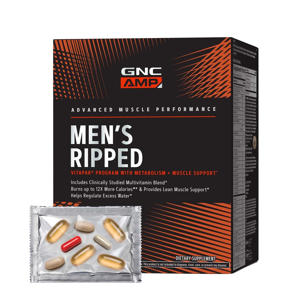 GNC AMP Men 's Ripped Vitapak Program, 4 v 1 Product Vitamin Pack, Metabolismus & Lean Muscle Tone, Spalovací kalorie, Propouštění vody, Dospělý Multivitamin, Kofein, CLA, Proven ingredience, 30- denní dodávky