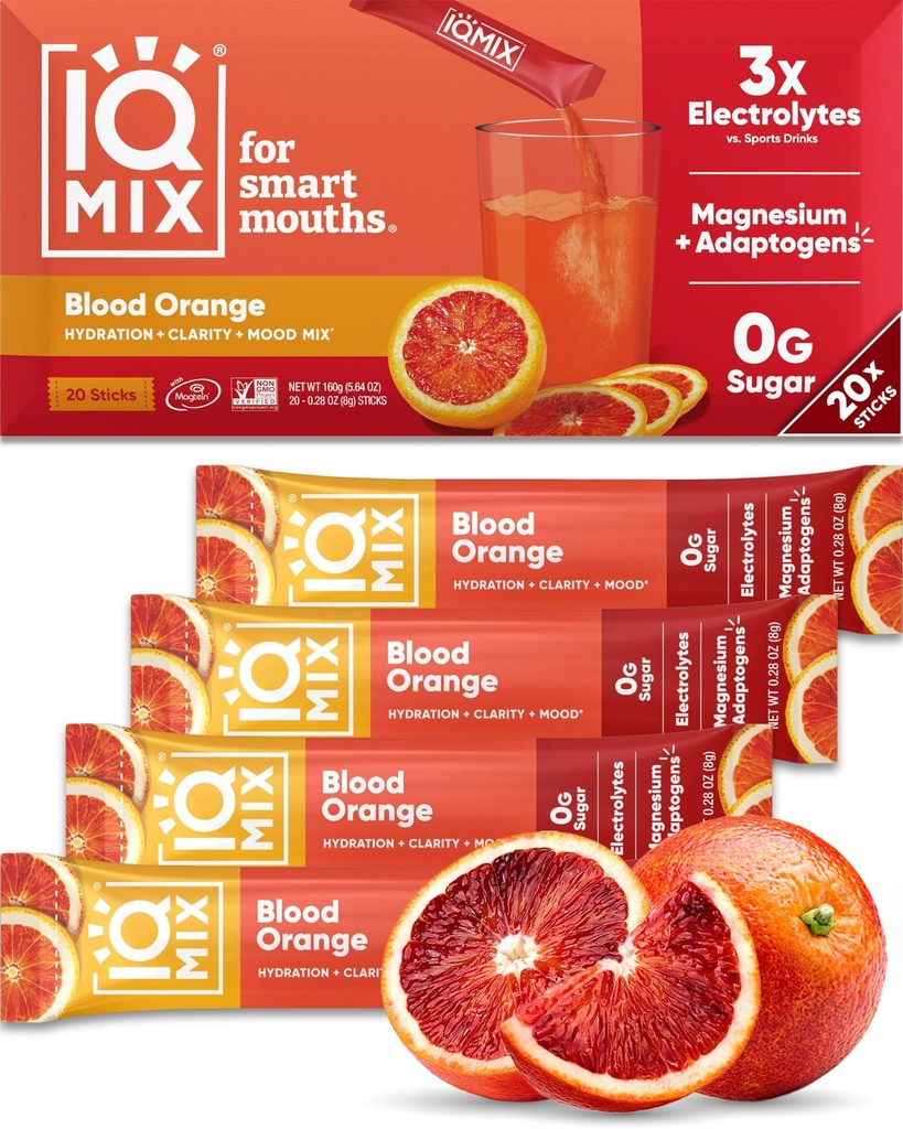 IQMIX Hydration Electrolyte Powder - 4- in-1 Formule pro hydrataci, duševní jasnost, nádech a zotavení - Sugar- Free Drink Mix, Keto, Magnesium L- Threonát, Lví hříva - 20 Počet krvavých pomerančů