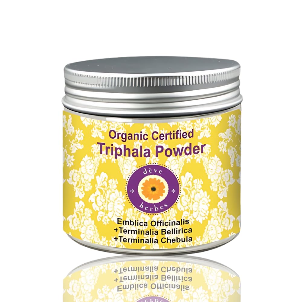Deve Herbes Pure Triphla Powder (Emblica officinalis) + (Terminalia belerica) + (Terminalia chebula) Organic Certified Natural Terapeutic Grade 200gm, (7.05oz)