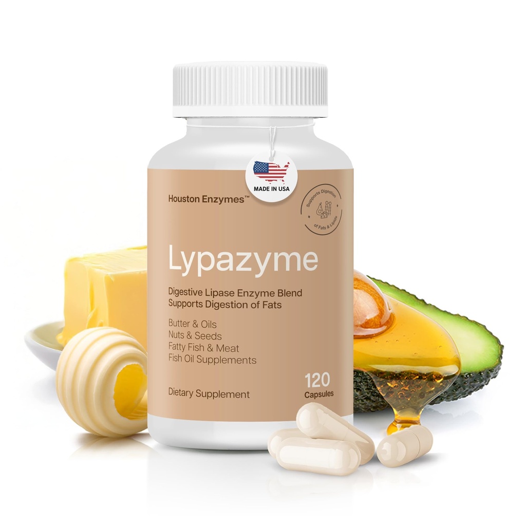Houston Enzymy - Lypazyme Lipáza Digestivní enzymy pro ženy a muže - 120 Kapsle - 3 Enzyme Blend pro kompletní členění triglyceridových tuků, enzym pro stravení vysoce tučných jídel & rybí olej