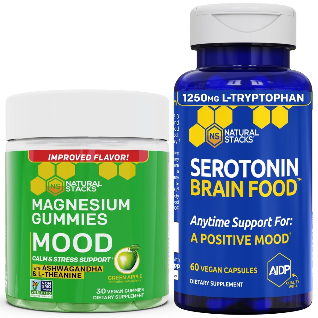 NATURAL STACKS Mood Magnesium Citrát gumy + Serotonin Brain Food Bundle - Pozitivní nálada & podpora stresu - 90 Kusy