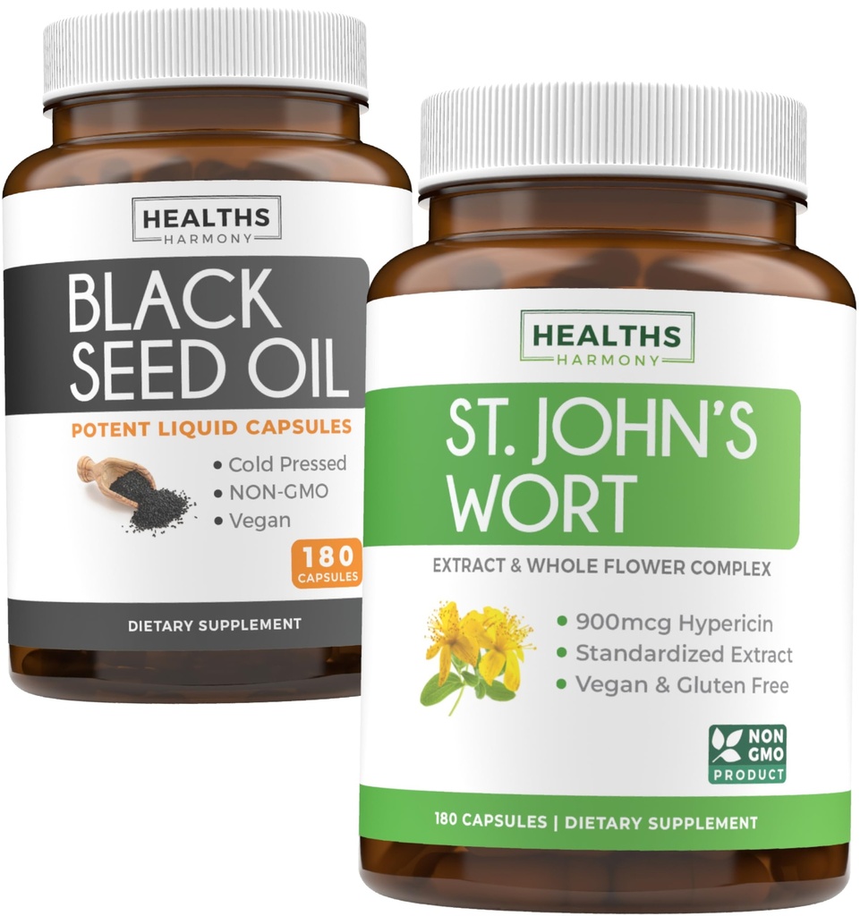 Black Seed Oil & St. John 's Wort (3-Month Supply) Harmony Essence Bundle of Black Seed Oil (180 Kapsle) Cold- Pressed Nigella Sativa & St. John' s Wort (180 Kapsle) s Powerful 900mcg Hypericin