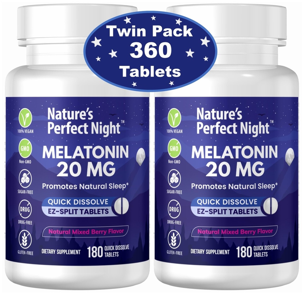 Nature 's Perfect Night CLAS124; Melatonin 20mg CLAS124; 180 Quick Disolve Tablety, 2-Pack CLAS124; Natural MixBerry Flavor CLAS124; High Potency CLAS124; Sugar Free CLAS124; Vegan CLAS124; Gluten Free CLAS124; 2 Count