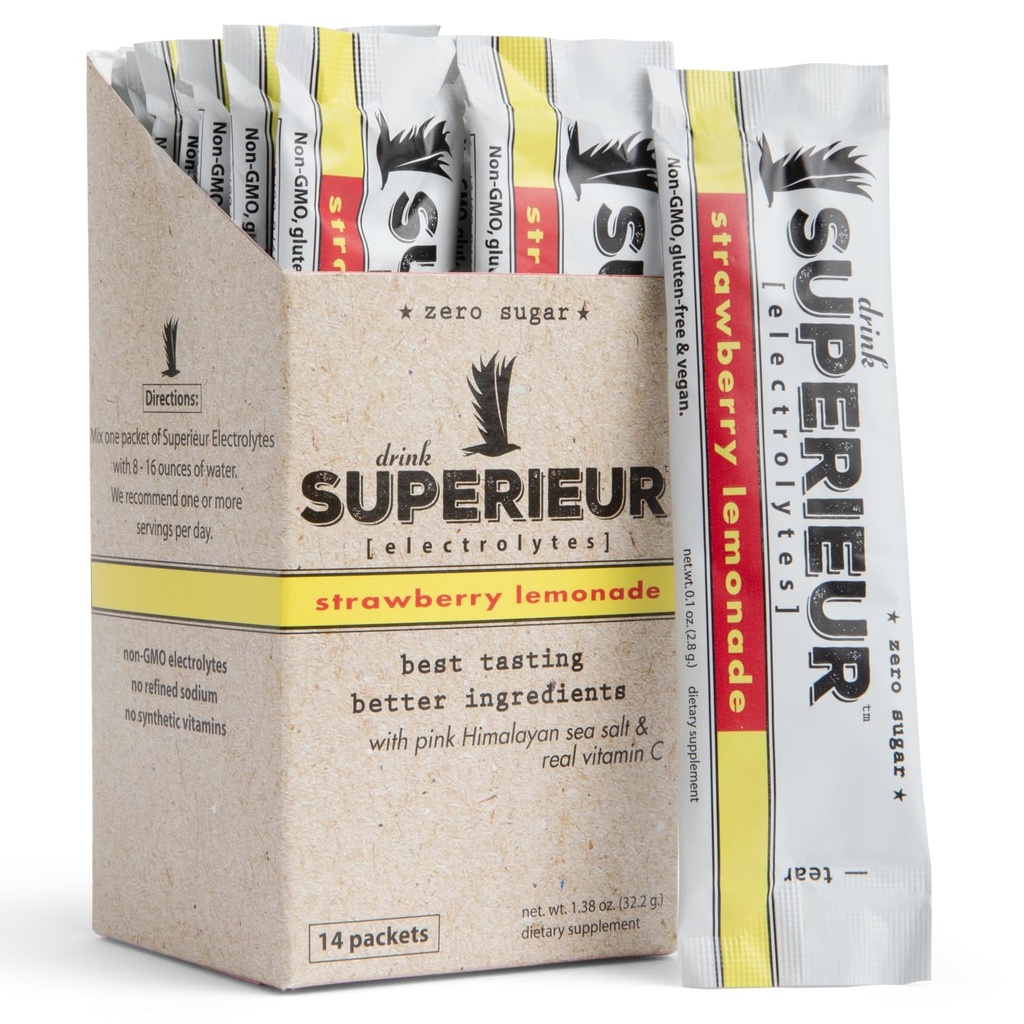 Superieur Electrolyte Powder Packets- Vegan Electrolyte Hydration Powder w / Sea Minerals - Keto Friendly, Non- GMO, Nulový cukr Electrolyte Supplement- Zdravé sportovní Drink- Jahodová limonáda (14 Packets)