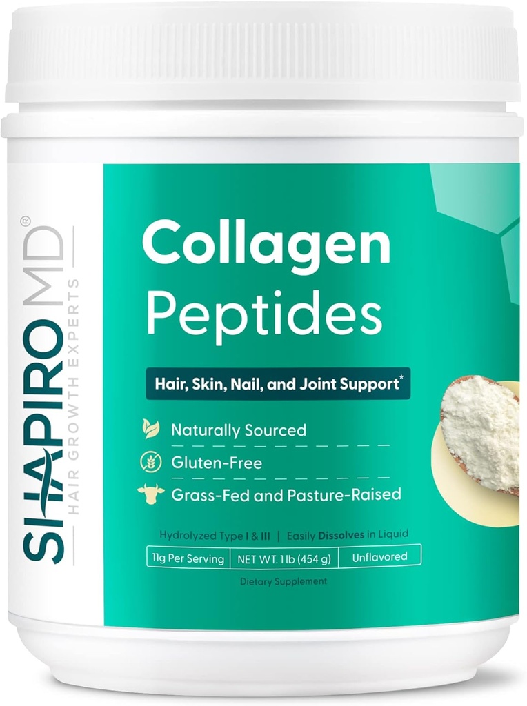 Shapiro MD Hair Growth Experts Collagen Peptides Powder, Collagen Práškový dodatek pro vlasy, kůži, hřebíky a společnou podporu, I & III Hydrolyzované kolagen pro snadnou absorpci, 11g kolagen - 16 oz.