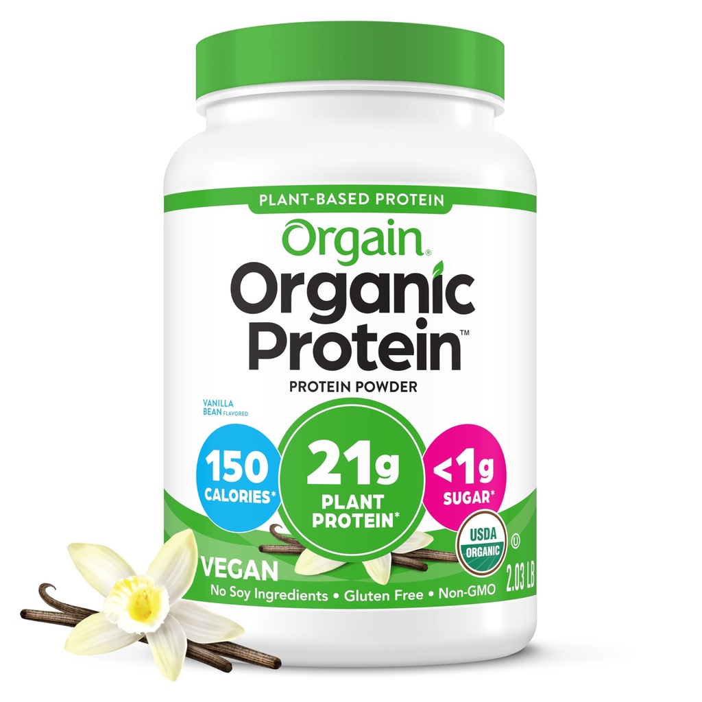 Orgain Organic Vegan Protein Powder, Vanilla Bean - 21g Plant Protein, 6g Prebiotic Fiber, No Lactosa Ingredients, No Add Sugar, Non-GMO, For Shakes & Smoothies, 2.03 LB (Balení květen Vary)