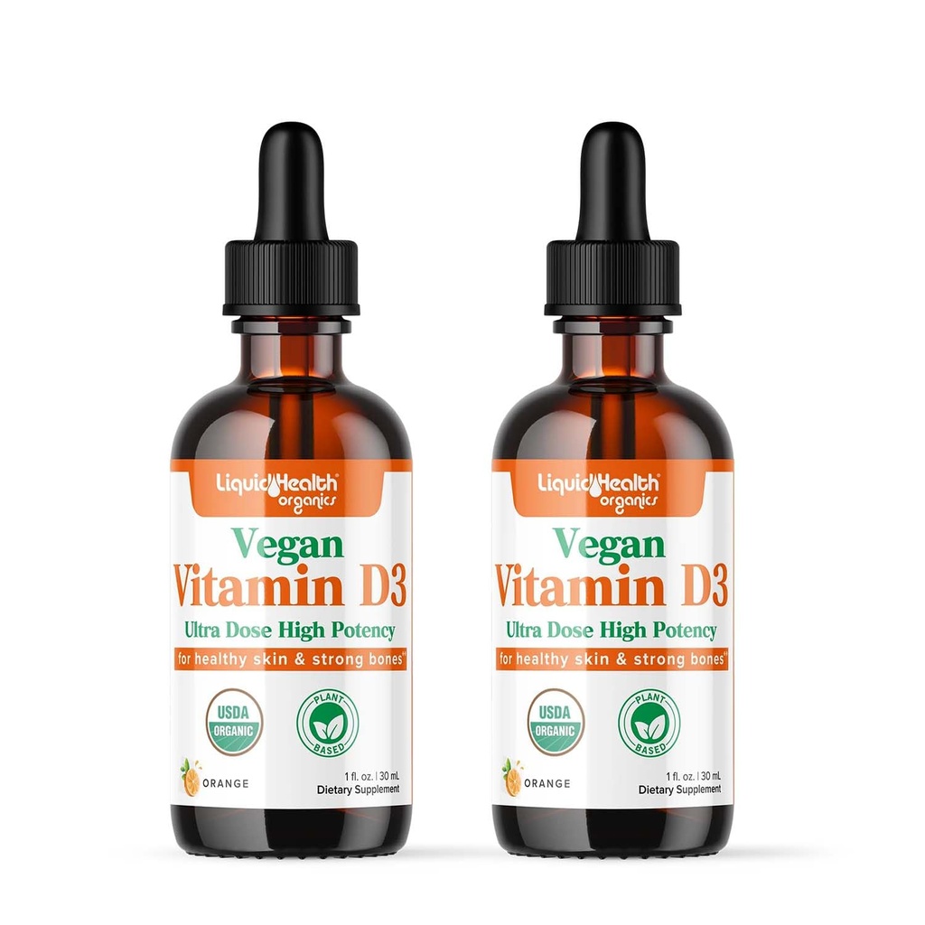 LIQUIDHELTH Vitamin D3 4000 IU, USDA Organic Vitamin D Liquid Kapky pro dospělé a děti, Vegan Vitamin D pro podporu imunitního systému, zdraví kostí, Mood Support, Zdravá pleť - Made in USA (2 Pack)