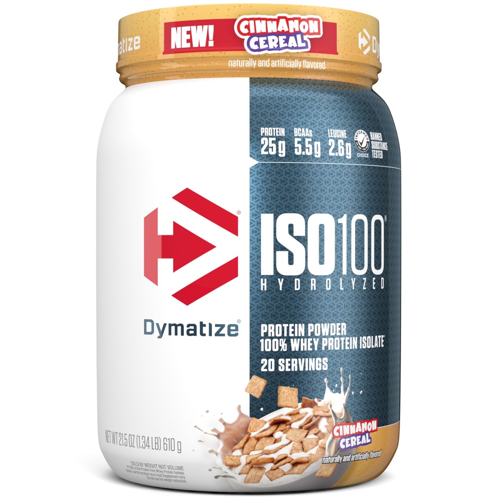 Dymatizujte syrovátkový prášek ISO100, skořicové cereálie, 25g proteinu, 5,5g BCAA, méně než 120 Cal., bez gluten, 1g tuku, 1g cukru, 2g karbu (20 porcí)