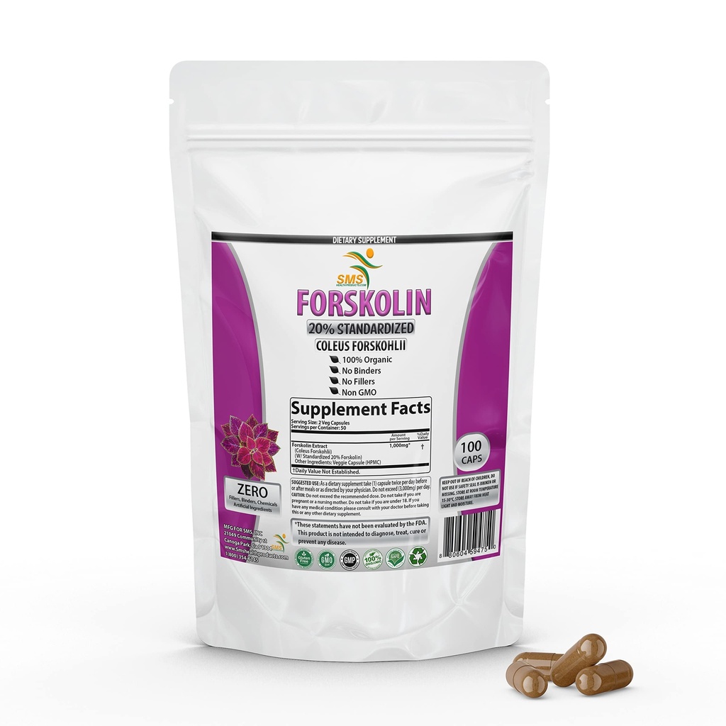 Čisté forskolin Extract Dodatek s Potent Coleus Forskohlii 20% Standardizované 1000 mg pro vylepšenou energii - Plant- Based energetické doplňky pro ženy a muže - 100 Veggie Kapsle