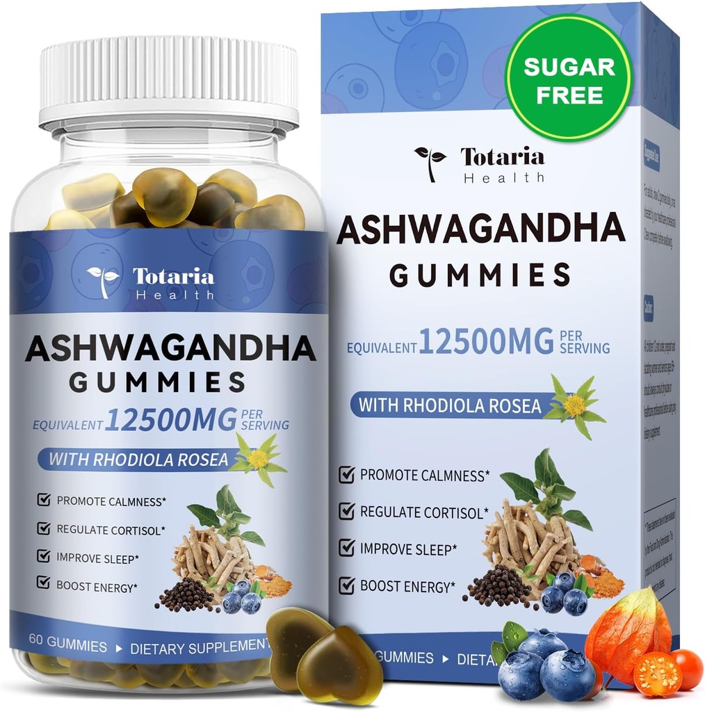 Totaria Sugar Free Ashwagandha plněné gumové 2500mg w / Vitamin D3, Magnesium Glycinát, Rhoddiola, Ultra síla Ashwa Root doplňky pro ženy & Wen, pro relaxaci, Energie, Blueberry Flavor