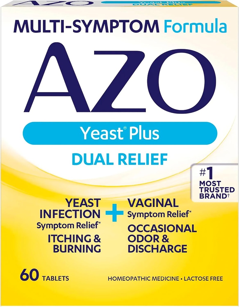 AZO Yeast Plus Dual Relief Tablety, kvasinková infekce a vaginální příznaky Relief, Relieves Vaginální Svědění & Hoření, 60 Počet