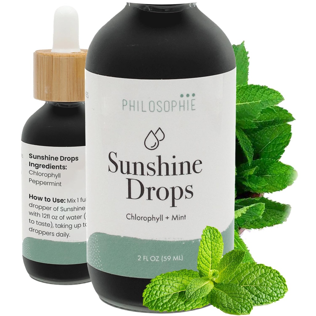 Philosophie Liquid Chlorofyl Sluneční svit Kapky pro vodu 124; Organic Chlorofyl Kapky s mincovnou pro detox, Interní deodorant & Energy Boost Appendix 124; Přírodní Vegan Dodatek, Non- GMO, 2oz