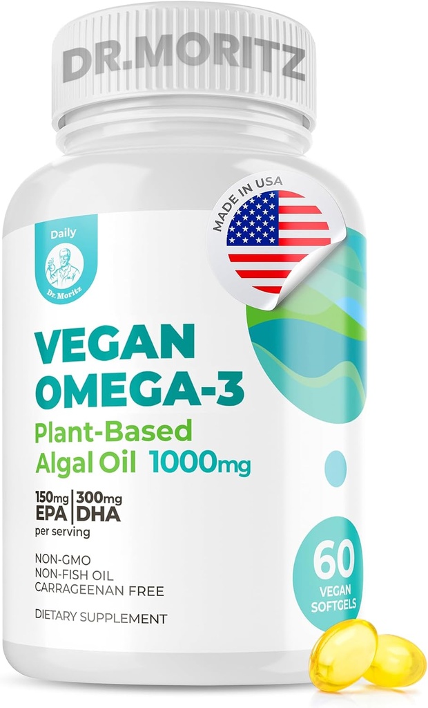 Dr. MORITZ Vegan Omega33 Softgels pro dospělé a děti, Vyrobeno z řepkového oleje s DHA EPA, Malé řasy Omega 3 doplňky, Vegan, 60 Počet