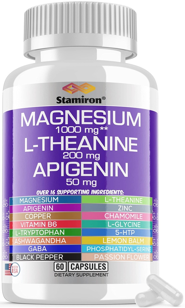 Hořčík Komplex 1000mg L Theanin 200mg Apigenin 50mg Dodatek s Mag Glycinát Citrát Malate Taurát + Heřmánek 5-HTP Vášeň Květina Lemon Balm B6 Ashwagandha a L Triptofan - Made in USA