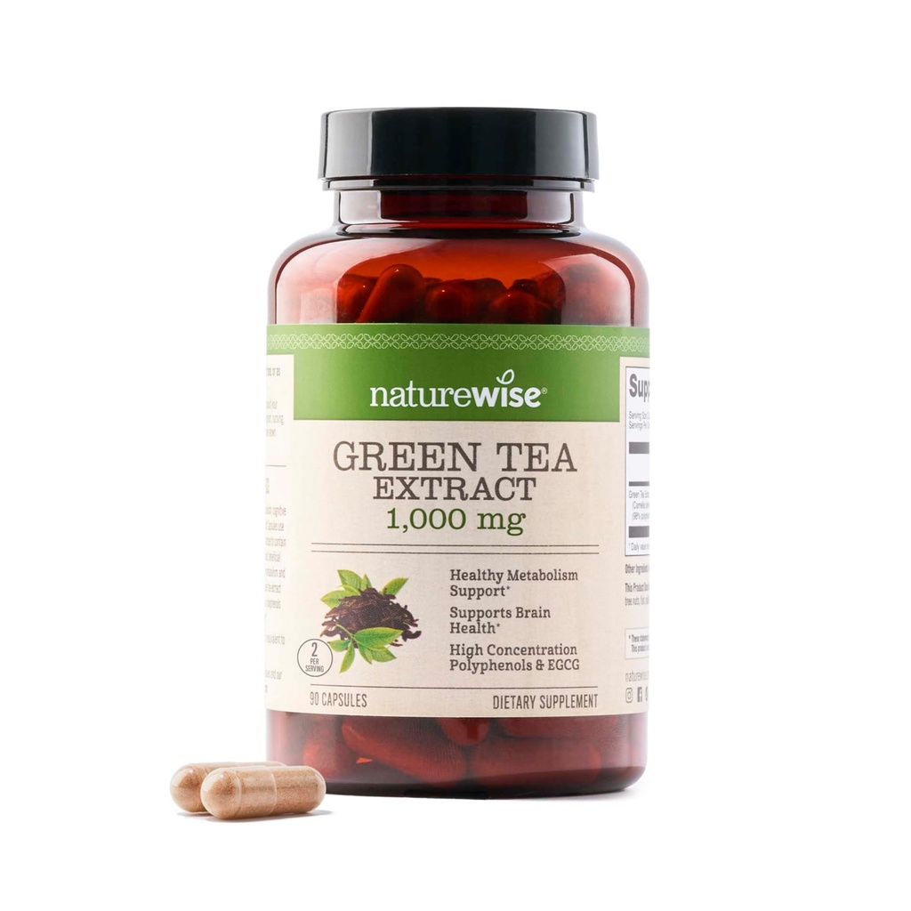 NatureWise Green Tea Extract Kapsle 1000 mg - 50% EGCG & 98% Polyfenoly - Extra Strength Green Tea Pills - Antioxidants for Heart Health & Energy - Vegan, Non- GMO - 90 Počet [45- Day Supply]
