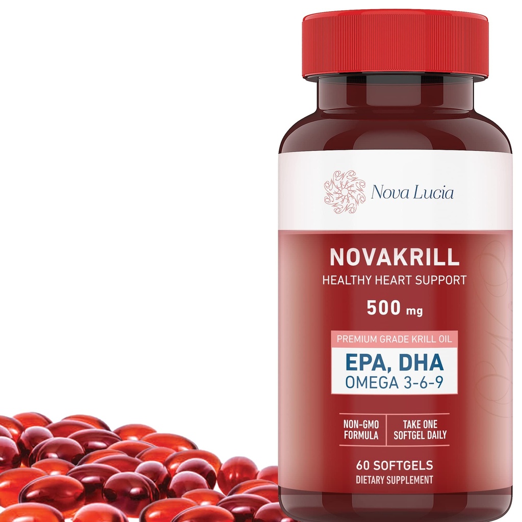 NovaKrill Krill Oil Omega 3 Doplněk - 1000mg Softgels s EPA, DHA, Astaxanthin - No Fishy After taste - Snadno spolknout antarktický krilový olej - 60 kapalných kapslí