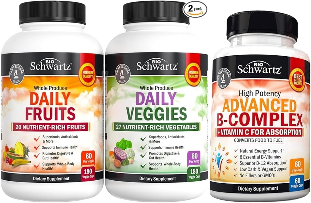 BioSchwartz Denní ovoce a zelenina dodatek pro ženy a muže (2 Měsíční dodávky) Plus vitamin B komplex s vitamínem C (2 Měsíční dodávky)