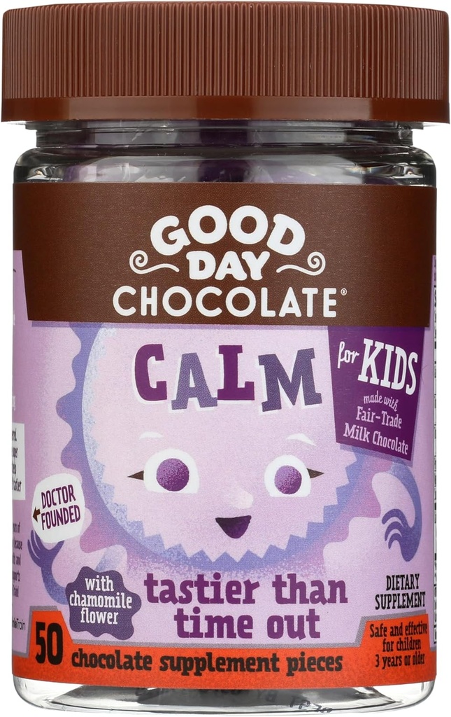 Dobrý den Čokoláda přírodní uklidňující doplněk pro děti, směs Camomile, L- Theanine, Fair Trade a Non-GMO Čokoláda, 50 Kusy
