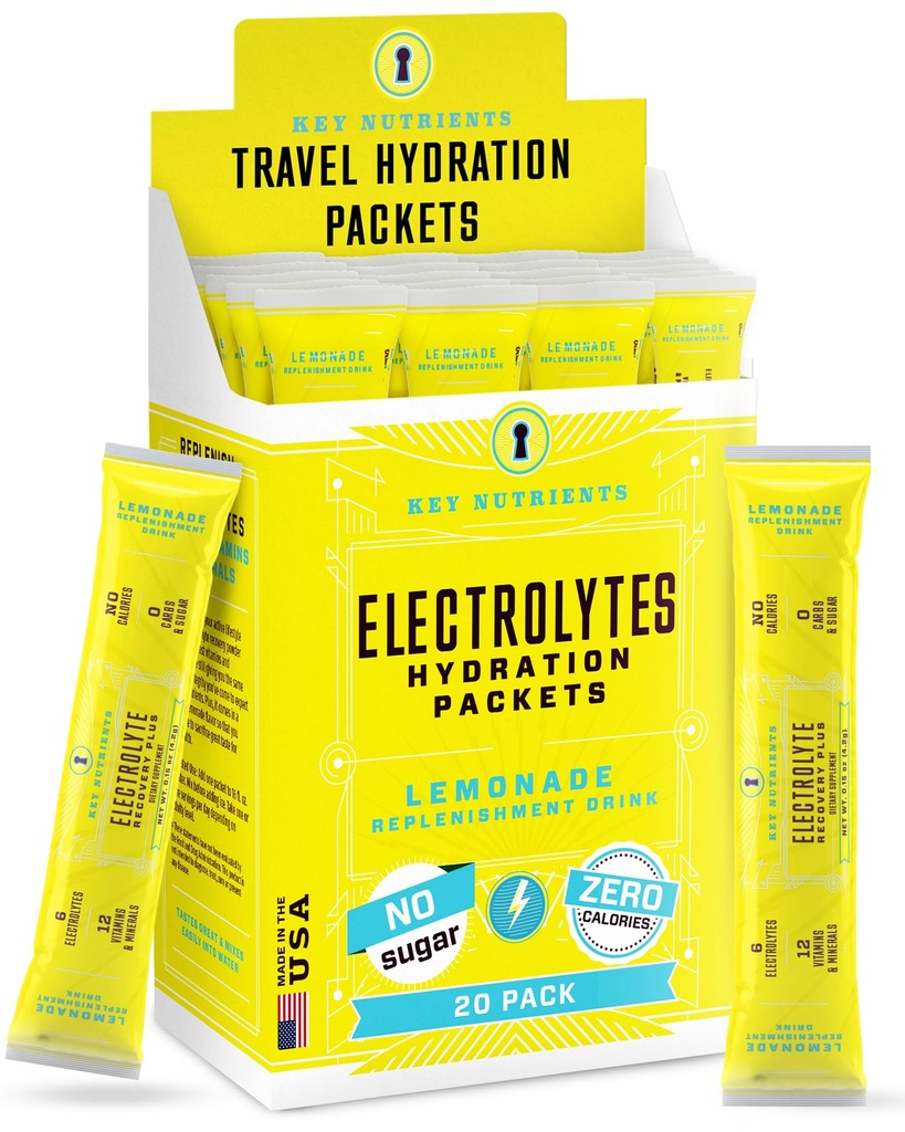 KEY NUTRIENTS Electrolytes Powder Packets 20 Packets - No Sugar, Refreshing Lemonade, Hydration Packets with Electrolyte Powder for Refreshing Electrolyte Drink Mix Packets - Nulové kalorie