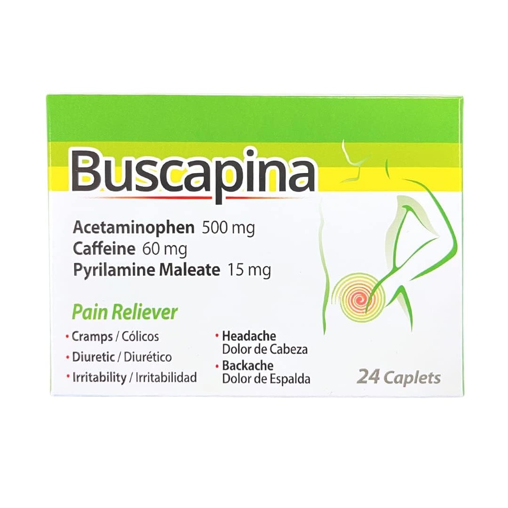 Buscapina Pain Relief Caplet - PMS, křeče, bolesti hlavy, nadýmání, bolest zad a kloubů - pro ženy a muže - Krabice s 24 Kaptami