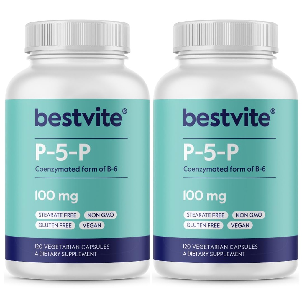 BESTVITE P- 5- P 100mg (240 Vegetariánských kapslí) (120 x 2) (CoEnzymated Form of B-6) - No Stearates - Vegan - Non GMO - gluten bez